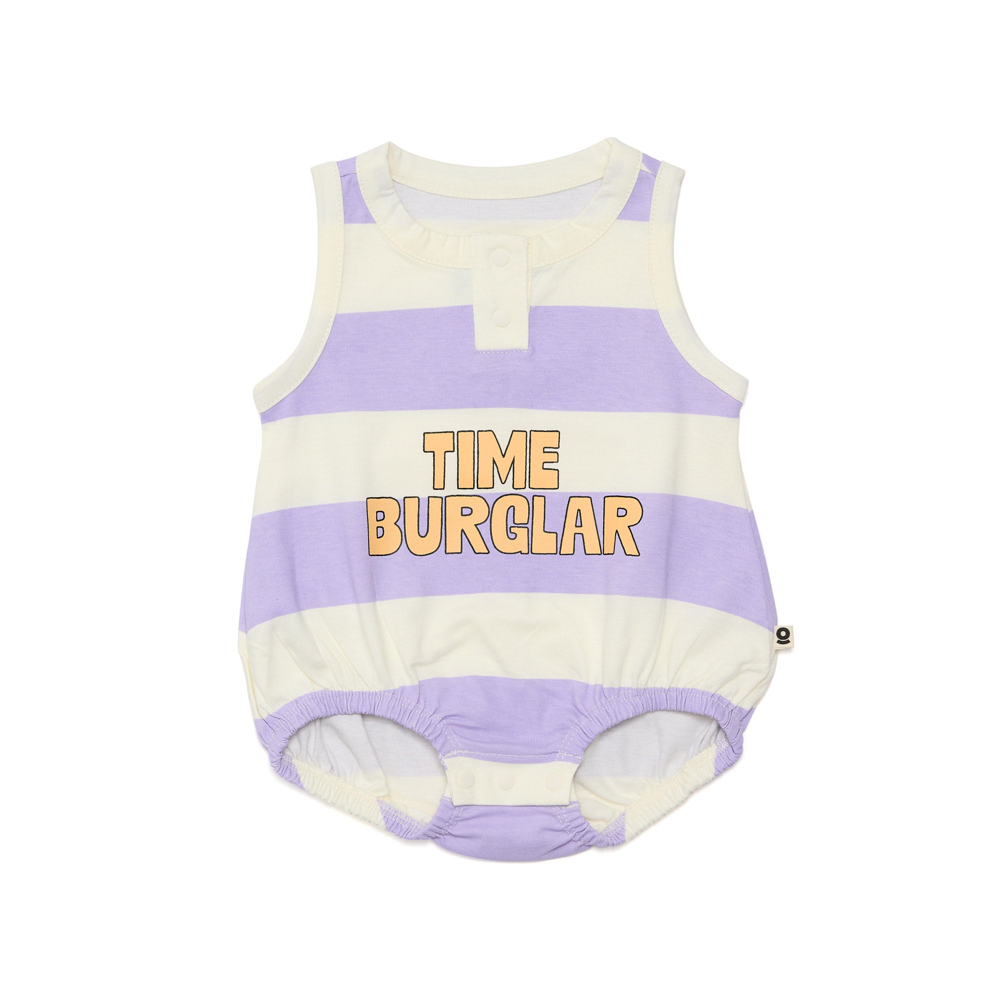 'Lil time burglar' cream & lilac baby romper - GOTS certified organic cotton