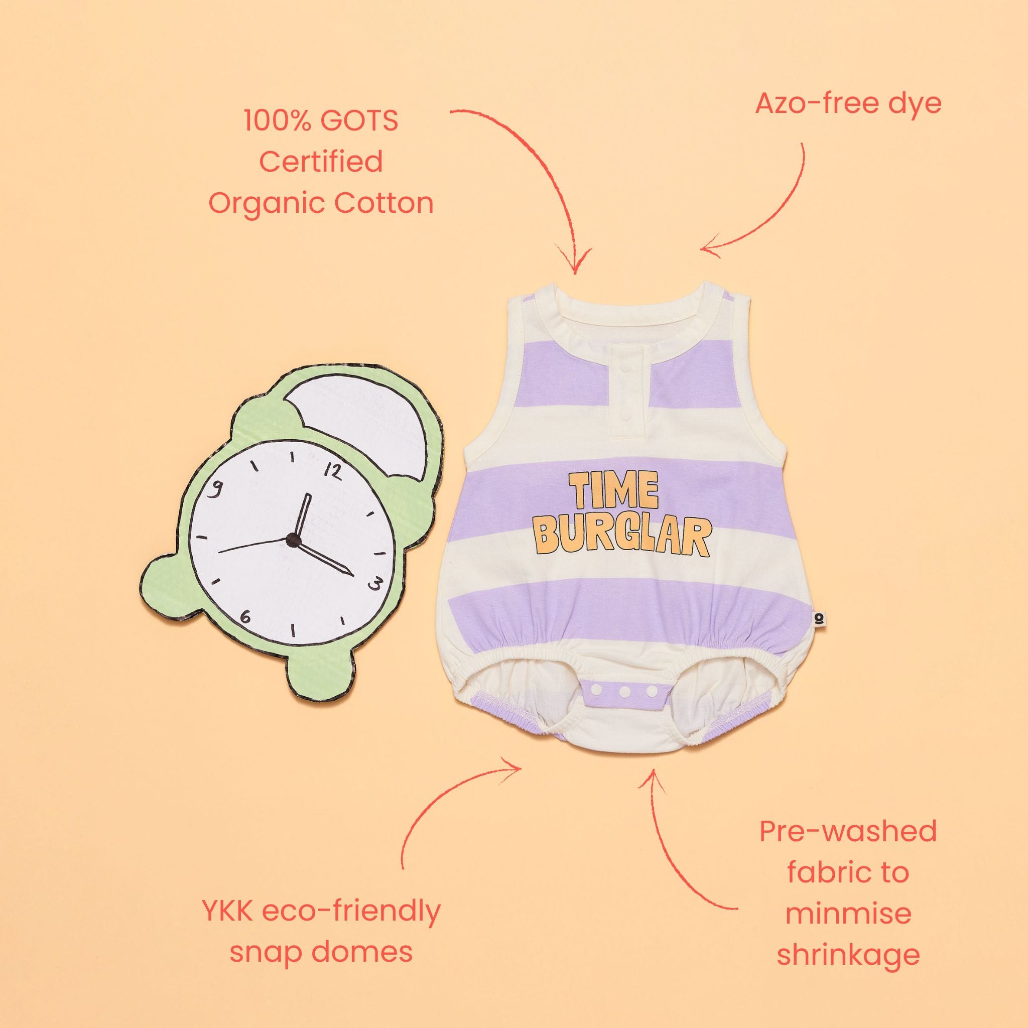 'Lil time burglar' cream & lilac baby romper - GOTS certified organic cotton